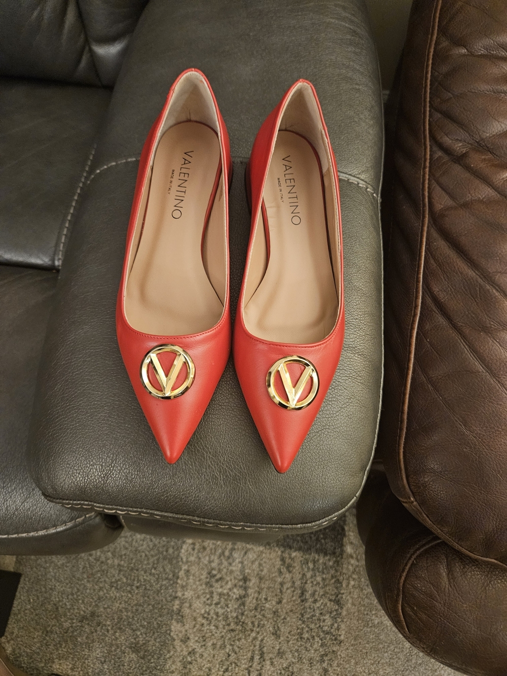 Valentino Red Pointed Toe Leather Flats with Gold Logo